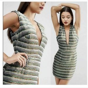 ASOS  Deep-V Striped Metallic Plunging Mini  Dress